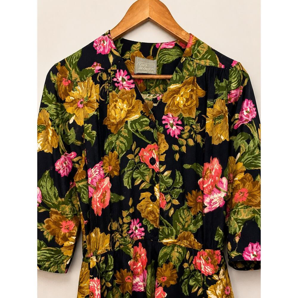 VTG Carol Anderson Floral Dress Black Midi Sz 12 Cottagecore Prairie Romantic - Picture 3 of 5